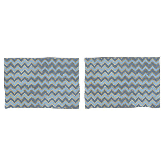 Elegant Blue and Gold Chevron Pattern Pillow Case (Front-Set)