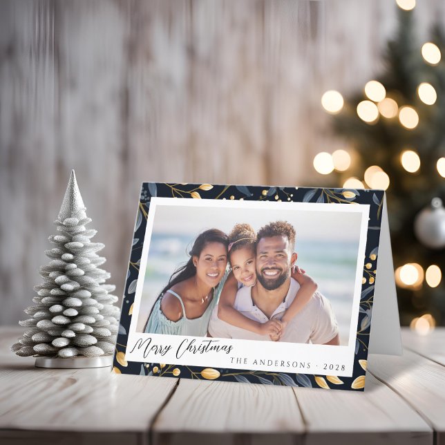 Elegant Blue And Gold Christmas Leaf Folded Photo  Holiday Card (Blue and Gold Leaves Christmas Folded Card)