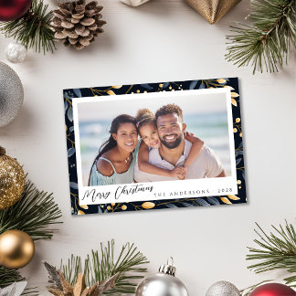 Elegant Blue And Gold Christmas Leaves Photo Holiday Card