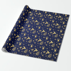 Elegant Blue And Gold Christmas Pattern Gift Wrapping Paper