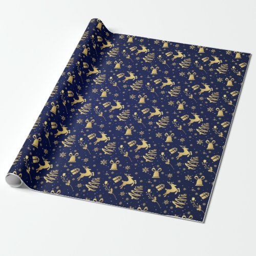 Elegant Blue And Gold Christmas Pattern Gift Wrapping Paper