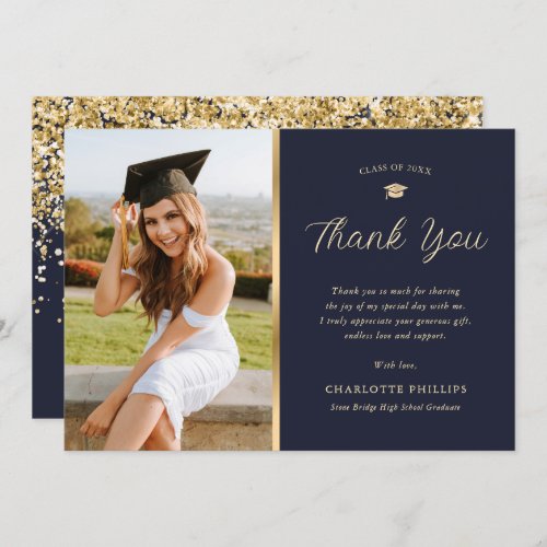 Elegant Blue and Gold Confetti Photo Graduation Thank You Card