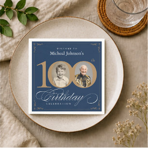 Elegant Blue and Gold Custom Photo 100th Birthday  Napkins