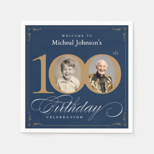 Elegant Blue and Gold Custom Photo 100th Birthday  Napkins