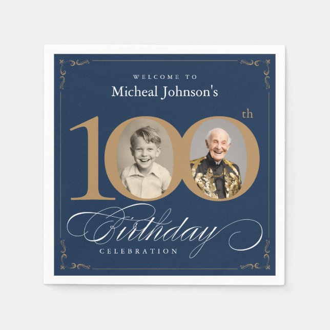 Elegant Blue and Gold Custom Photo 100th Birthday  Napkins (Front)