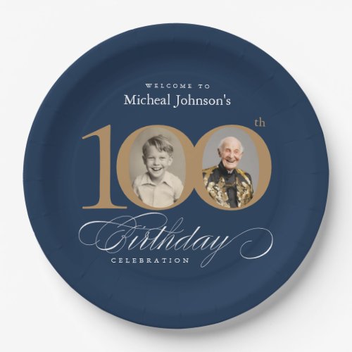 Elegant Blue and Gold Custom Photo 100th Birthday 