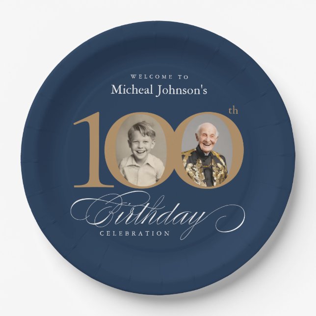Elegant Blue and Gold Custom Photo 100th Birthday  Paper Plates (Front)