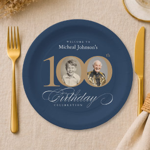 Elegant Blue and Gold Custom Photo 100th Birthday  Paper Plates