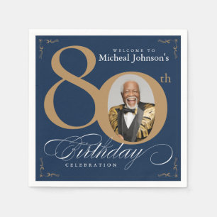 Elegant Blue and Gold Custom Photo 80th Birthday Napkins