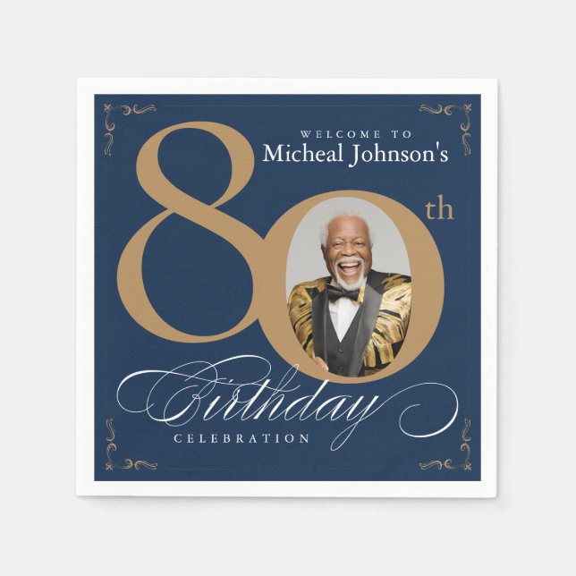 Elegant Blue and Gold Custom Photo 80th Birthday  Napkins (Front)