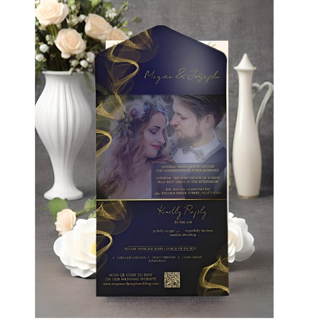 Elegant Blue and Gold Custom Photo Wedding All In One Invitation (Creator Uploaded)