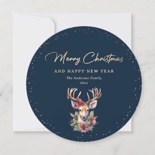 Elegant Blue and Gold Deer Snow Christmas Holiday Card