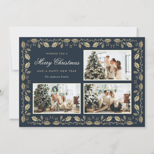 Elegant Blue and Gold Family Photo Christmas Holiday Card (Front)
