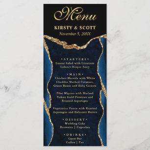 Elegant Blue and Gold Faux Glitter Agate Wedding Menu