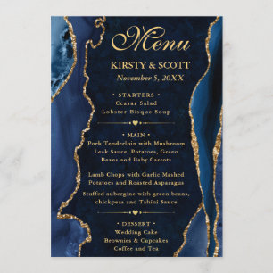 Elegant Blue and Gold Faux Glitter Agate Wedding Menu