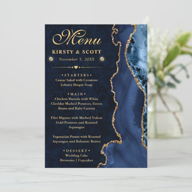 Elegant Blue and Gold Faux Glitter Agate Wedding Menu (Standing Front)