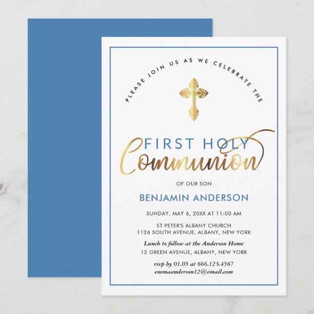 Elegant Blue And Gold First Holy Communion Invitation (Front/Back)