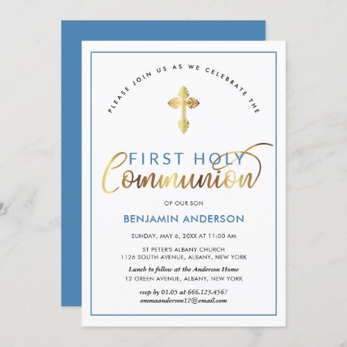 Elegant Blue And Gold First Holy Communion Invitation