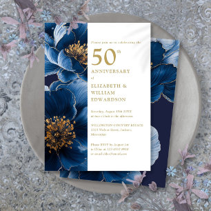 Elegant Blue And Gold Floral 50th Anniversary Invitation