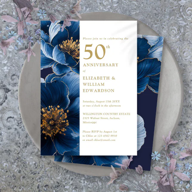 Elegant Blue And Gold Floral 50th Anniversary Invitation | Zazzle