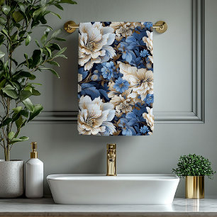 Elegant Blue and Gold Floral Bath Towel
