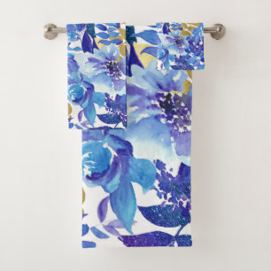 Elegant Blue and Gold Floral Bath Towel Set