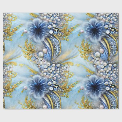 Elegant Blue and Gold Floral Beaded Wrapping Paper