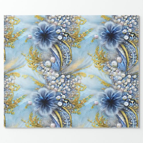 Elegant Blue and Gold Floral Beaded Wrapping Paper