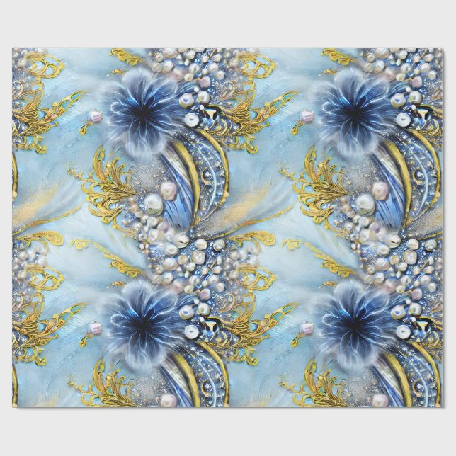 Elegant Blue and Gold Floral Beaded Wrapping Paper (Flat)
