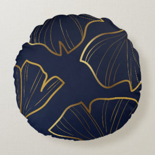 Elegant Blue and Gold Floral Round Pillow