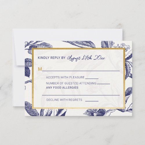 Elegant Blue and Gold Floral RSVP Card