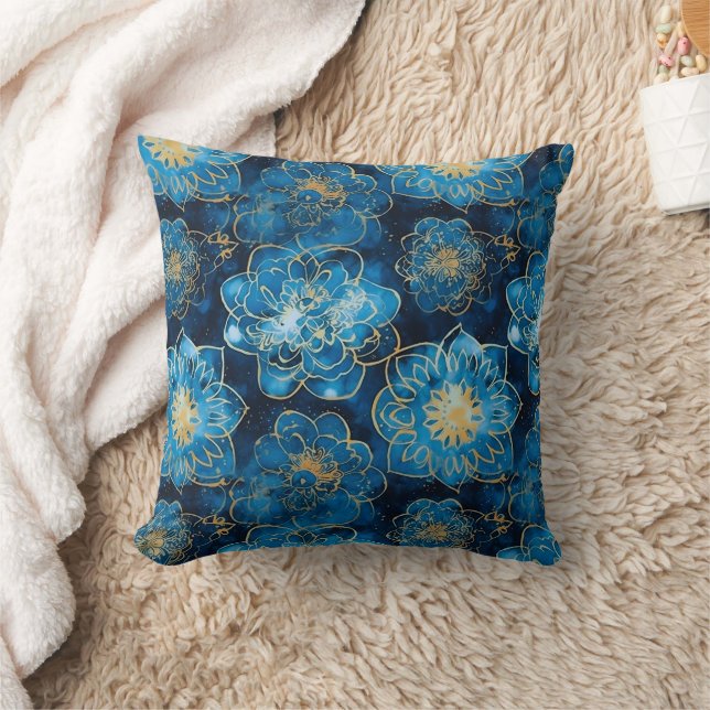Elegant Blue and Gold Floral - Stylish Botanical  Throw Pillow (Blanket)