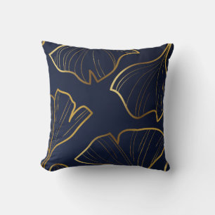 Elegant Blue and Gold Floral Throw Pillow