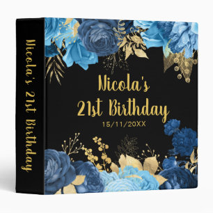 Elegant Blue and Gold Flowers Birthday Party  3 Ring Binder