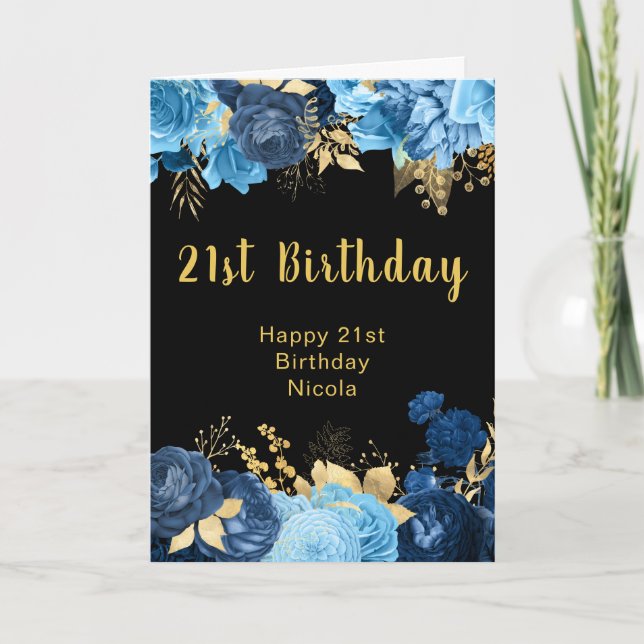 Elegant Blue and Gold Flowers Birthday Party Card (Front)