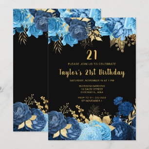 Elegant Blue and Gold Flowers Birthday Party Invitation