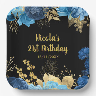 Elegant Blue and Gold Flowers Birthday Party  Paper Plates