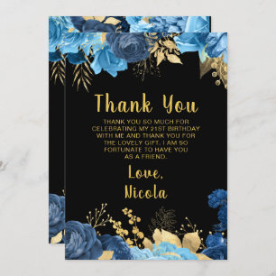 Elegant Blue and Gold Flowers Birthday Party Thank You Card