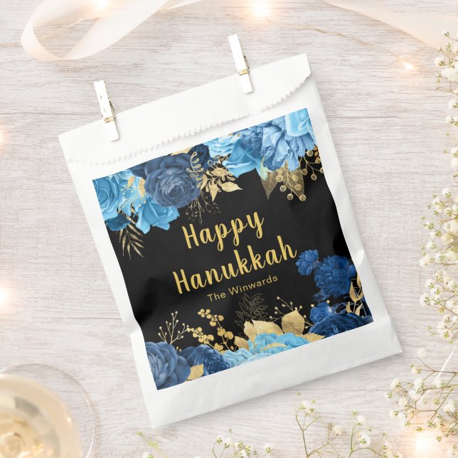 Elegant Blue and Gold Flowers Hanukkah Party Favor Bag (Clipped)