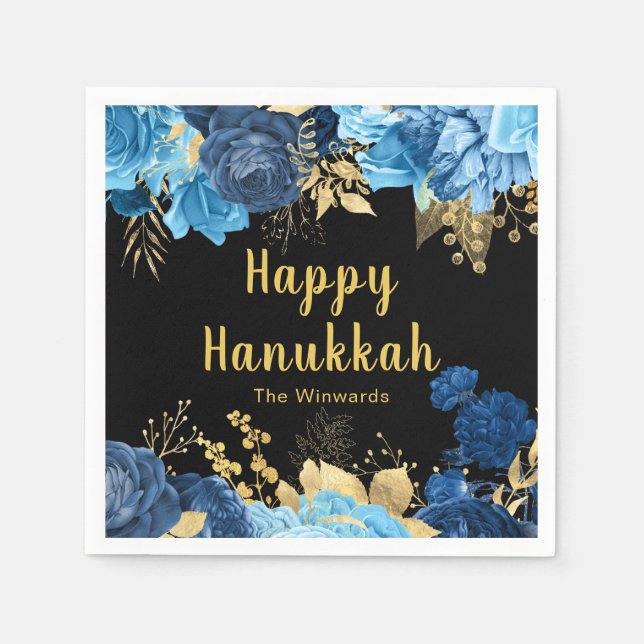 Elegant Blue and Gold Flowers Hanukkah Party Napkins (Front)