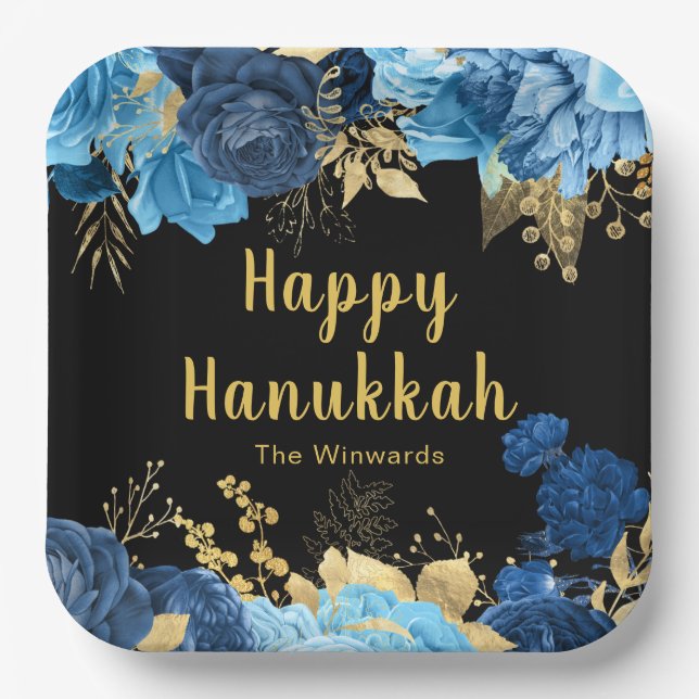 Elegant Blue and Gold Flowers Hanukkah Party Paper Plates (Front)