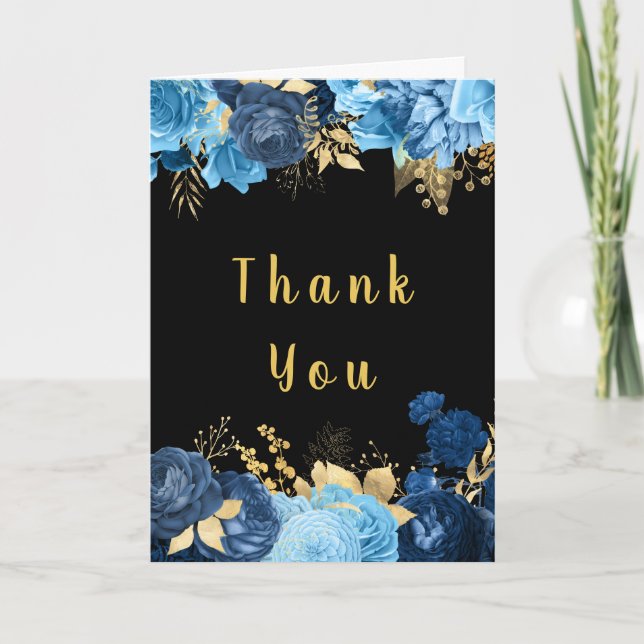Elegant Blue and Gold Flowers Hanukkah Party Thank You Card (Front)