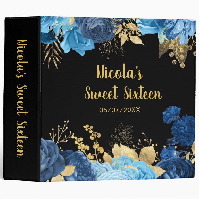 Elegant Blue and Gold Flowers Sweet Sixteen 3 Ring Binder (Front/Spine)