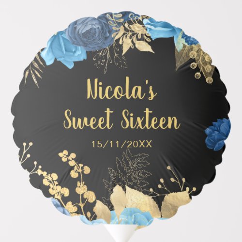Elegant Blue and Gold Flowers Sweet Sixteen Balloon