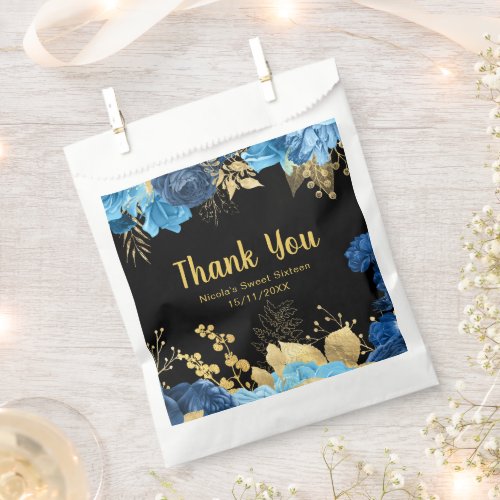 Elegant Blue and Gold Flowers Sweet Sixteen Favor Bag