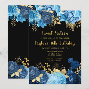 Elegant Blue and Gold Flowers Sweet Sixteen Invitation