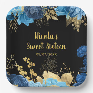 Elegant Blue and Gold Flowers Sweet Sixteen Paper Plates