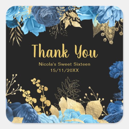 Elegant Blue and Gold Flowers Sweet Sixteen Square Sticker