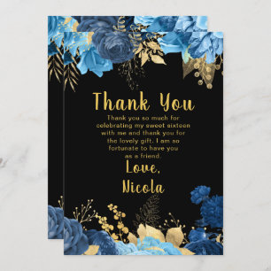 Elegant Blue and Gold Flowers Sweet Sixteen Thank You Card