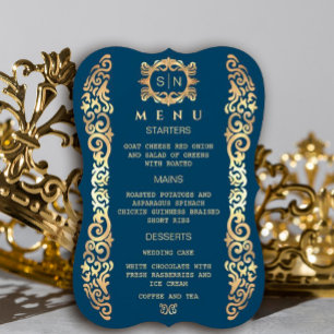 Elegant Blue and Gold Frame Wedding Menu